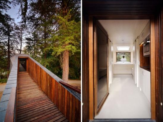 在葡萄牙的Pedras Salgadas生态度假村，建筑师Luís Rebelo de Andrade和Tiago Rebelo de Andrade在一片树木中设计和搭建了两座树蛇木屋（Tree Snake Houses） 。为了减少对自然环境的影响，木屋采用预制和现场组装的方式安装在高高的木跷上。通过一道不太长的长廊进入，木屋内拥有一个小厨房 、浴室、以及附有工作空间的主卧室，住宿于此的旅客可以透过前置观景窗和天窗欣赏到郁郁葱葱的树林或星空。