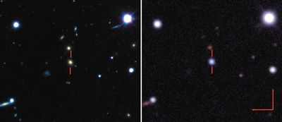 超新星爆发前的伪彩色图像，是4米望远镜上的暗能量相机拍摄。由暗能量巡天项目提供。