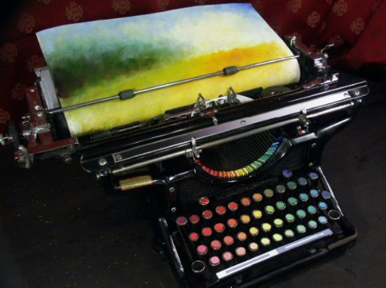 来自华盛顿的画家泰里·卡拉汉（Tyree Callahan）改造了一台1937年的安德伍德打字机，开奖直播使用颜色标签取代了按键上的字母，而墨盒也与按键上的一一颜色对应，改成了五彩六色的油墨。所以你就可以通过敲击键盘，在纸张上打印出各种色彩，所以它被称为色彩打印机（Chromatic Typewriter）。理论上，你可以使用色彩打印机打印出任何图像来，比如后面的几张图片就是画家用色彩打印机打印出来的作品，颇有油画风范。