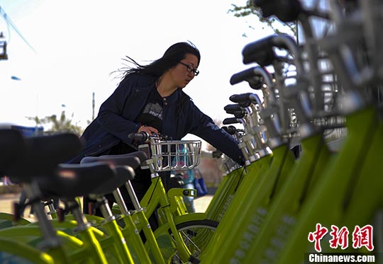 图为公共自行车2016年度投入使用第一天，当地民众选择公共自行车绿色出行。 中新社记者 刘新 摄