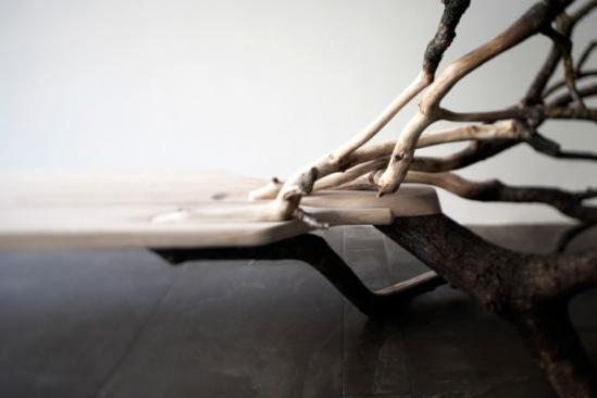 考虑到木材在成为木材之前本是一个生命体，Benjamin Graindorge 创造了「倒下的树／Fallen Tree」，一张独特如雕塑般的板凳。设计师抓住了木材既是大自然的雕塑元素、又是一个功能对象的本质，通过精心设计，你可以看到原原本本的树枝及树干过渡到剥皮后的状态、其后又接着无缝过渡到了经过人工处理后的板凳，展现了木材强烈的自然属性，以及野性十足的美丽。