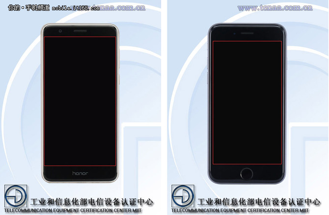 与现在当红的iPhone6s进行对比，（文中对比图均为左：荣耀8，右：iPhone 6s）在机身正面方面，这两款机型均采用了2.5D玻璃，看起来圆润剔透。而iPhone的屏占比一直被各国产厂商在众多发布会上秒杀，高颜值荣耀8在屏占比方面自然也占据了优势，两侧的边框以及额头和下巴更窄，整体看起来更加精致。