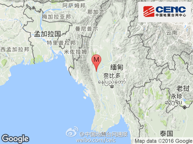 中国地震台网正式测定：08月24日18时34分在缅甸北纬21.00度，东经94.67度发生6.9级地震，<a href=
