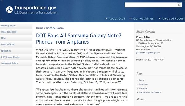 wzatv:【图】携带三星Galaxy Note 7入境美国将被禁止