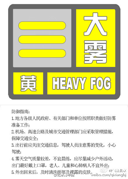码报:北京发布大雾黄色预警 局地能见度小于500米