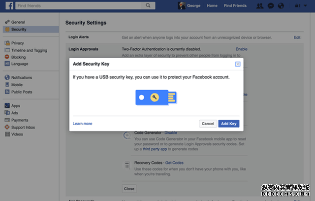 防隐私泄漏！Facebook将支持实体安全密匙 